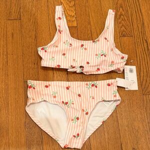 Old Navy Pink and White Striped strawberries bikini swim set size kids L 10-12 N
